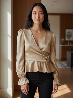 4SI3NNA Metallic Gold Wrap Peplum Blouse Long Sleeve Medium